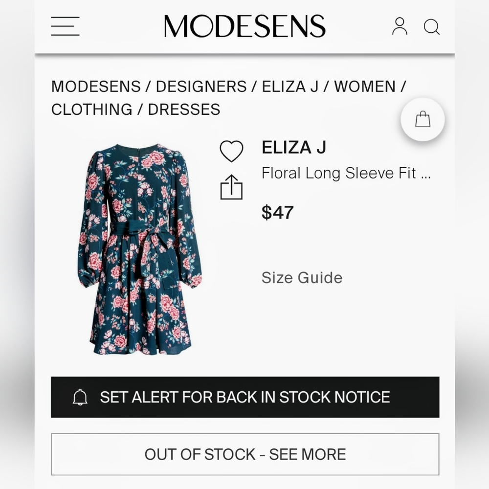 Eliza J - Floral Dress - Long Sleeve  Knee-length - Size 4 - Pockets